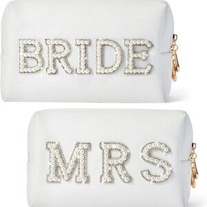 2 Pack Letter Makeup Bag Bride to be Patch Bling Pearl Rhinestone Patch Cosmetic